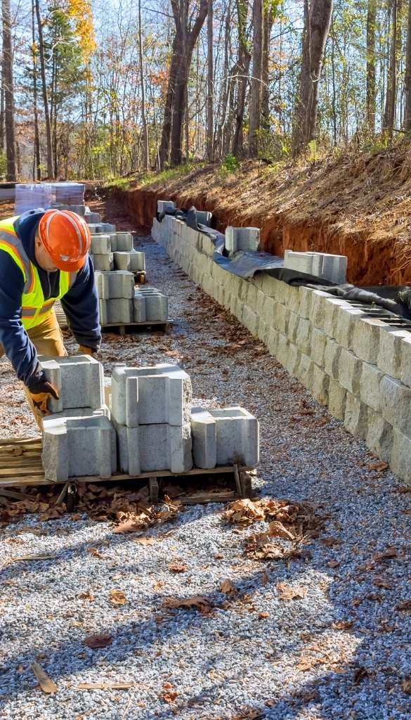 Construction worker installing concrete block retaining wall with stacked masonry blocks